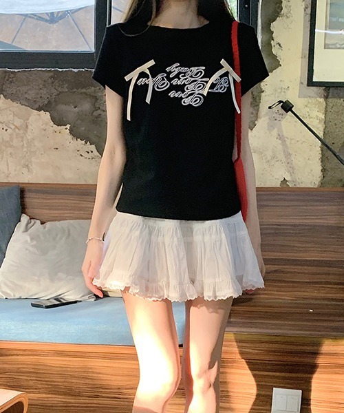 gossip!ロサンゼルス(ゴシップロサンゼルス)の「サテンリボンつきロゴ半袖Tシャツ(Tシャツ/カットソー・レディース・ブラック/オフホワイト・FREE)」の4枚目の写真