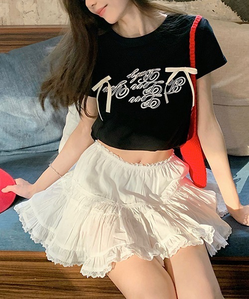 gossip!ロサンゼルス(ゴシップロサンゼルス)の「サテンリボンつきロゴ半袖Tシャツ(Tシャツ/カットソー・レディース・ブラック/オフホワイト・FREE)」の6枚目の写真