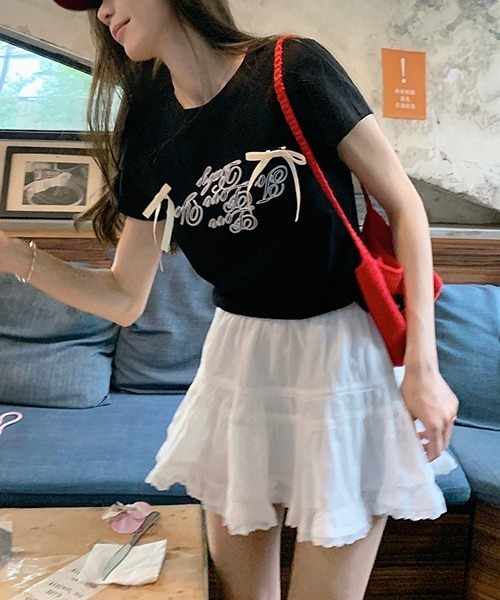 gossip!ロサンゼルス(ゴシップロサンゼルス)の「サテンリボンつきロゴ半袖Tシャツ(Tシャツ/カットソー・レディース・ブラック/オフホワイト・FREE)」の7枚目の写真