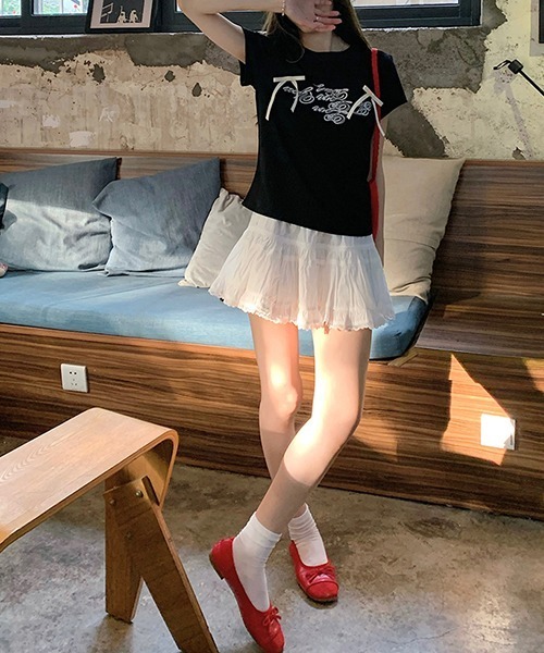 gossip!ロサンゼルス(ゴシップロサンゼルス)の「サテンリボンつきロゴ半袖Tシャツ(Tシャツ/カットソー・レディース・ブラック/オフホワイト・FREE)」の8枚目の写真