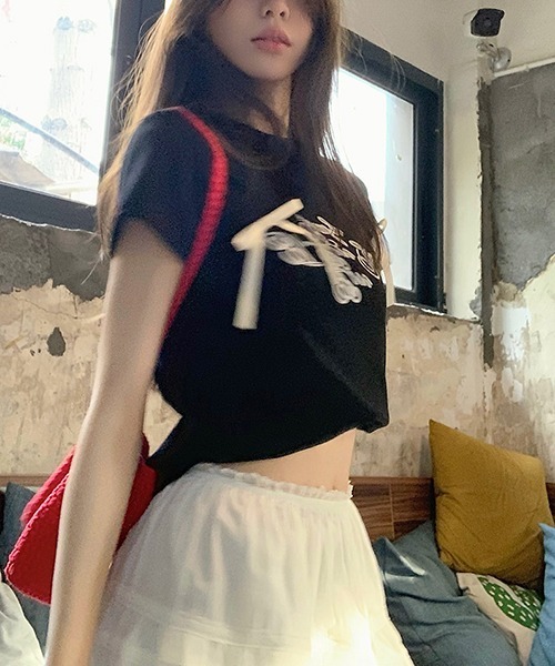 gossip!ロサンゼルス(ゴシップロサンゼルス)の「サテンリボンつきロゴ半袖Tシャツ(Tシャツ/カットソー・レディース・ブラック/オフホワイト・FREE)」の9枚目の写真