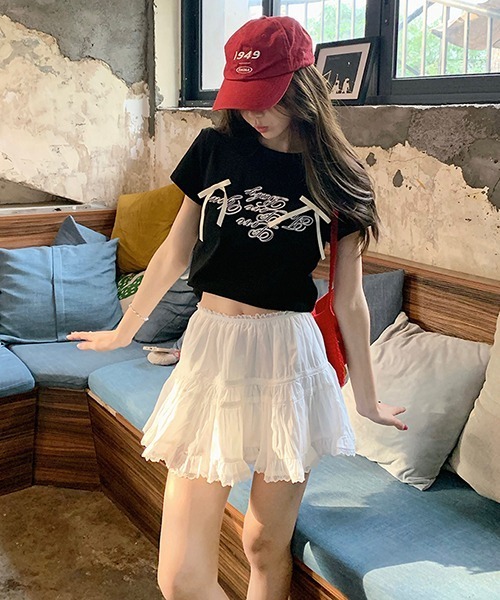 gossip!ロサンゼルス(ゴシップロサンゼルス)の「サテンリボンつきロゴ半袖Tシャツ(Tシャツ/カットソー・レディース・ブラック/オフホワイト・FREE)」の10枚目の写真
