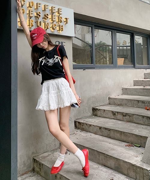 gossip!ロサンゼルス(ゴシップロサンゼルス)の「サテンリボンつきロゴ半袖Tシャツ(Tシャツ/カットソー・レディース・ブラック/オフホワイト・FREE)」の11枚目の写真