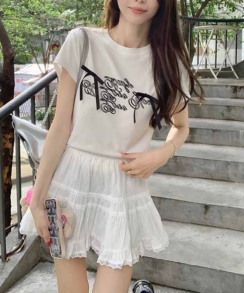 gossip!ロサンゼルス(ゴシップロサンゼルス)の「サテンリボンつきロゴ半袖Tシャツ(Tシャツ/カットソー・レディース・ブラック/オフホワイト・FREE)」の20枚目の写真