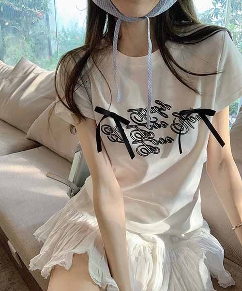 gossip!ロサンゼルス(ゴシップロサンゼルス)の「サテンリボンつきロゴ半袖Tシャツ(Tシャツ/カットソー・レディース・ブラック/オフホワイト・FREE)」の22枚目の写真