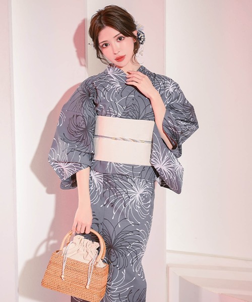 浴衣セット レディース 妖艶 グレー×モノトーン糸菊 ゆかた2点セット 浴衣 作り帯 かわいい