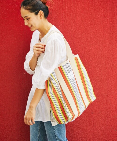 FREAK'S STORE（フリークスストア）の「STRIPE TOTE BAG L / インド ストライプ トートバッグ L（ショルダーバッグ・レディース・グリーン/ブルー/レッド・ONE SIZE）」の8枚目の写真