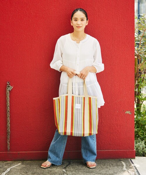FREAK'S STORE（フリークスストア）の「STRIPE TOTE BAG L / インド ストライプ トートバッグ L（ショルダーバッグ・レディース・グリーン/ブルー/レッド・ONE SIZE）」の6枚目の写真