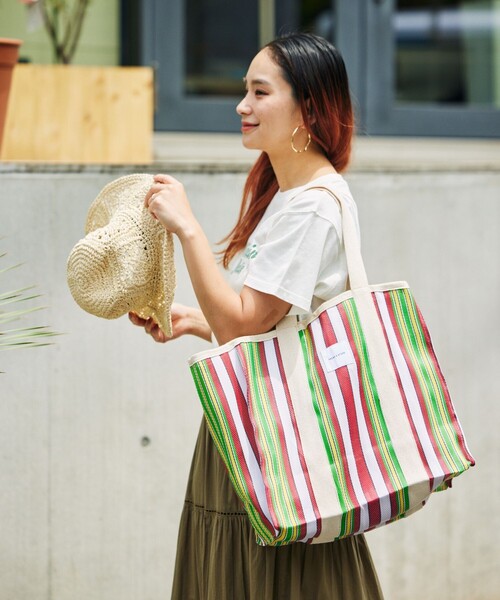 FREAK'S STORE（フリークスストア）の「STRIPE TOTE BAG L / インド ストライプ トートバッグ L（ショルダーバッグ・レディース・グリーン/ブルー/レッド・ONE SIZE）」の5枚目の写真