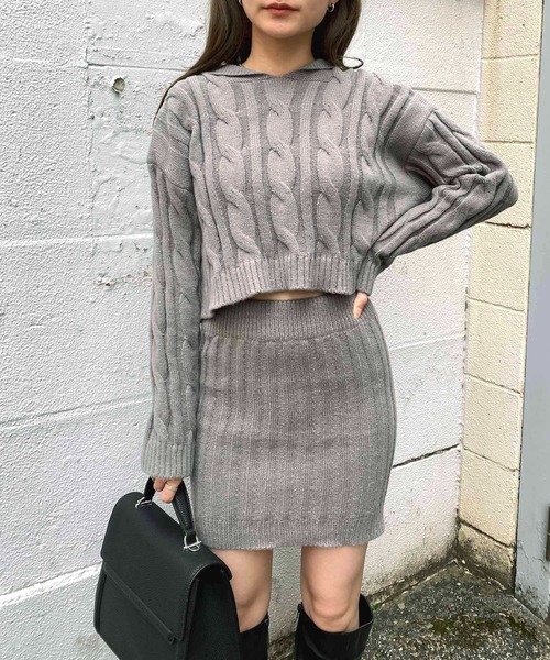 フード付きパーカー　タイトスカート　セットアップ　ニット　秋冬　プライムニット プライムニット フード付きパーカー タイトスカート