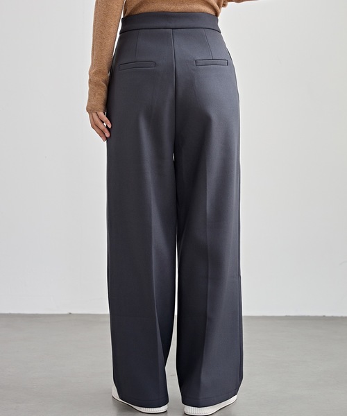 ハイウェストワイドストレートパンツGRY セール】裏起毛 ハイウエスト センタープリーツ ワイド パンツ