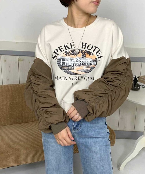 セール】袖切替シャーリングプリントトップス（Tシャツ/カットソー  