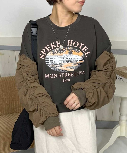 袖切替シャーリングプリントトップス（Tシャツ/カットソー）｜CRB  