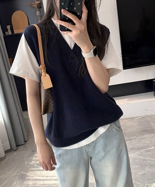Miniministore(ミニミニストア)の「ニットベスト レディースチョッキ 重ね着(ベスト・レディース・アイボリー/チャコールグレー/ダークベージュ/ネイビー/グレー/グリーン/ワインレッド・FREE)」の7枚目の写真