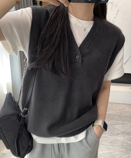 Miniministore(ミニミニストア)の「ニットベスト レディースチョッキ 重ね着(ベスト・レディース・アイボリー/チャコールグレー/ダークベージュ/ネイビー/グレー/グリーン/ワインレッド・FREE)」の3枚目の写真