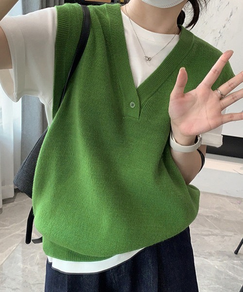 Miniministore(ミニミニストア)の「ニットベスト レディースチョッキ 重ね着(ベスト・レディース・アイボリー/チャコールグレー/ダークベージュ/ネイビー/グレー/グリーン/ワインレッド・FREE)」の6枚目の写真