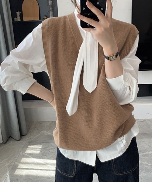 Miniministore(ミニミニストア)の「ニットベスト レディースチョッキ 重ね着(ベスト・レディース・アイボリー/チャコールグレー/ダークベージュ/ネイビー/グレー/グリーン/ワインレッド・FREE)」の5枚目の写真