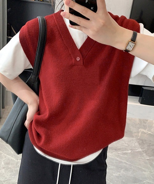 Miniministore(ミニミニストア)の「ニットベスト レディースチョッキ 重ね着(ベスト・レディース・アイボリー/チャコールグレー/ダークベージュ/ネイビー/グレー/グリーン/ワインレッド・FREE)」の1枚目の写真