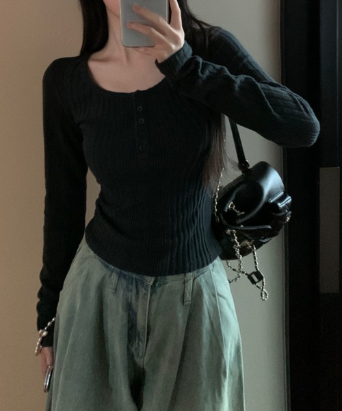 SHEPP（シープ）の「【お気に入り数3.2万人突破!/新色ライトグレー追加】ハーフボタン ヘンリーネック リブカットソー ニットソー（Tシャツ/カットソー・レディース・アイボリー/ピンクベージュ/ネイビー/グレー/ライトグレー・M/L）」の12枚目の写真