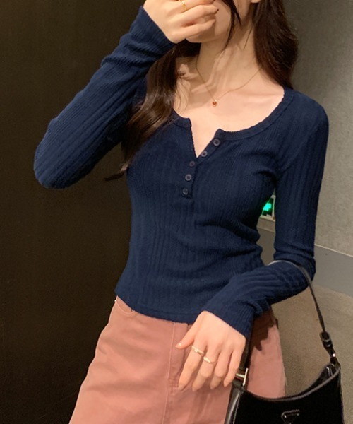 SHEPP（シープ）の「【お気に入り数3.2万人突破!/新色ライトグレー追加】ハーフボタン ヘンリーネック リブカットソー ニットソー（Tシャツ/カットソー・レディース・アイボリー/ピンクベージュ/ネイビー/グレー/ライトグレー・M/L）」の19枚目の写真