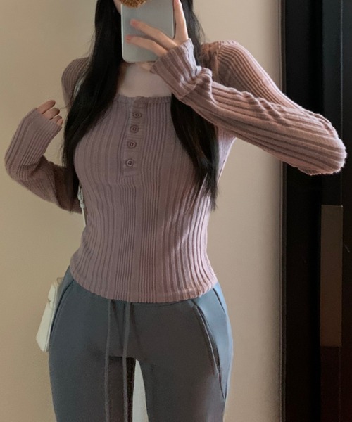 SHEPP（シープ）の「【お気に入り数3.2万人突破!/新色ライトグレー追加】ハーフボタン ヘンリーネック リブカットソー ニットソー（Tシャツ/カットソー・レディース・アイボリー/ピンクベージュ/ネイビー/グレー/ライトグレー・M/L）」の22枚目の写真