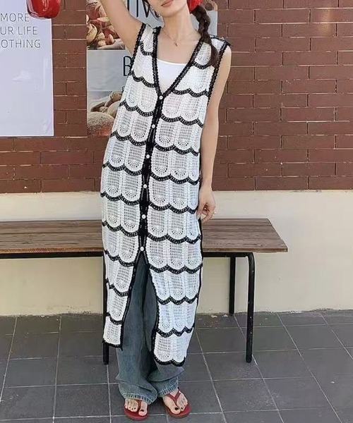 DAY CLOSET(デイ クローゼット)の「レディース 透け感パイピングクロシェ編みロングジレ(ベスト・レディース・アイボリー/ホワイト・FREE)」の5枚目の写真