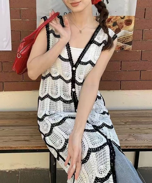 レディース 透け感パイピングクロシェ編みロングジレ（ベスト