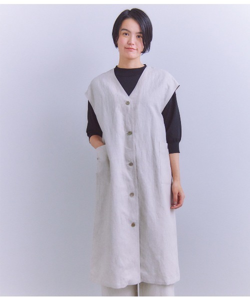 SIPULI（シプリ）の「Linen Chambray ロングジレワンピース（ワンピース・レディース・アイボリー/ブラウン・2）」の2枚目の写真