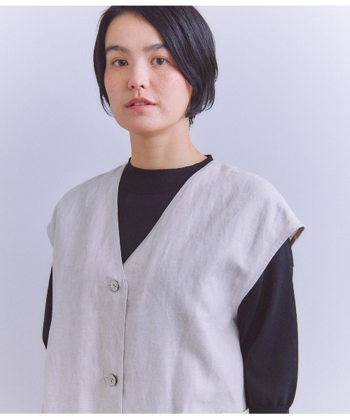 SIPULI（シプリ）の「Linen Chambray ロングジレワンピース（ワンピース・レディース・アイボリー/ブラウン・2）」の4枚目の写真