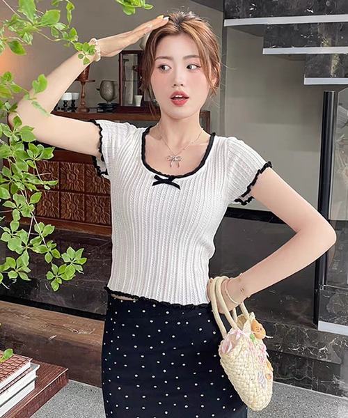 WESTSEA（ウエストシー）の「配色フリル リボン 透かし編 ショート丈 半袖リブニット（Tシャツ/カットソー・レディース・ブラック/ホワイト/ベージュ・FREE）」の10枚目の写真