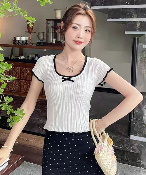 WESTSEA（ウエストシー）の「配色フリル リボン 透かし編 ショート丈 半袖リブニット（Tシャツ/カットソー・レディース・ブラック/ホワイト/ベージュ・FREE）」の9枚目の写真