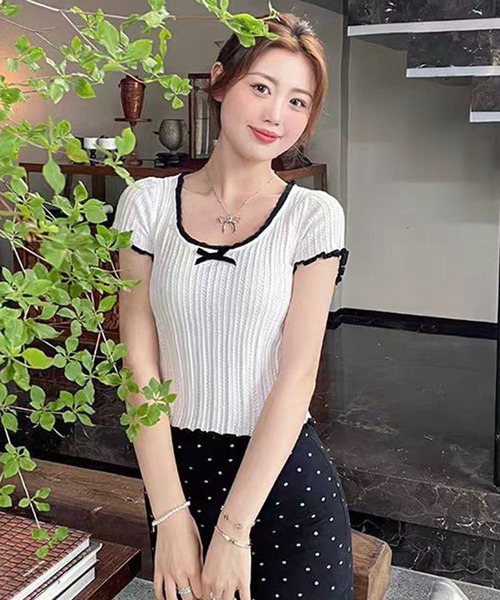 WESTSEA（ウエストシー）の「配色フリル リボン 透かし編 ショート丈 半袖リブニット（Tシャツ/カットソー・レディース・ブラック/ホワイト/ベージュ・FREE）」の8枚目の写真