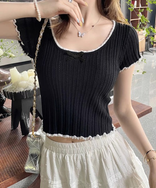 WESTSEA（ウエストシー）の「配色フリル リボン 透かし編 ショート丈 半袖リブニット（Tシャツ/カットソー・レディース・ブラック/ホワイト/ベージュ・FREE）」の6枚目の写真