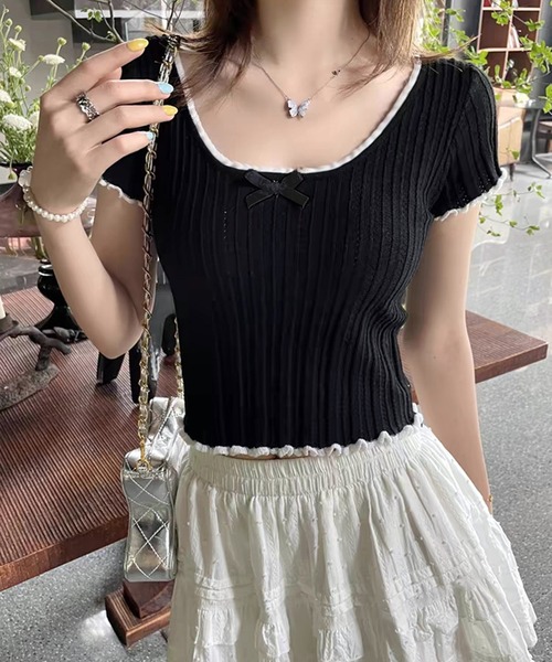 WESTSEA（ウエストシー）の「配色フリル リボン 透かし編 ショート丈 半袖リブニット（Tシャツ/カットソー・レディース・ブラック/ホワイト/ベージュ・FREE）」の5枚目の写真