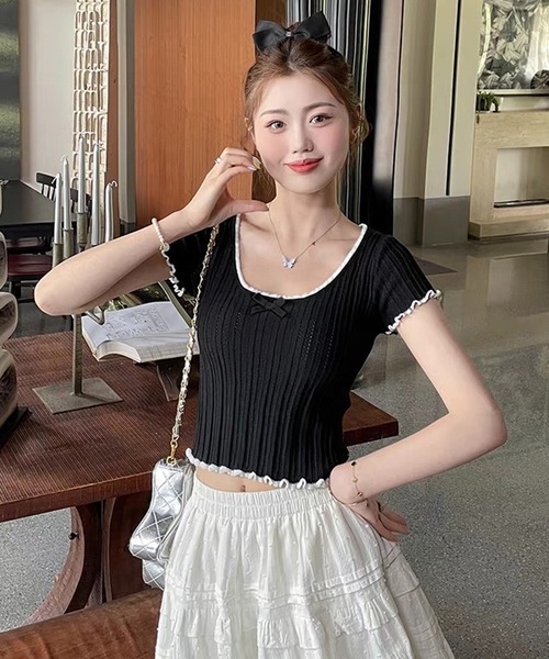 WESTSEA（ウエストシー）の「配色フリル リボン 透かし編 ショート丈 半袖リブニット（Tシャツ/カットソー・レディース・ブラック/ホワイト/ベージュ・FREE）」の4枚目の写真