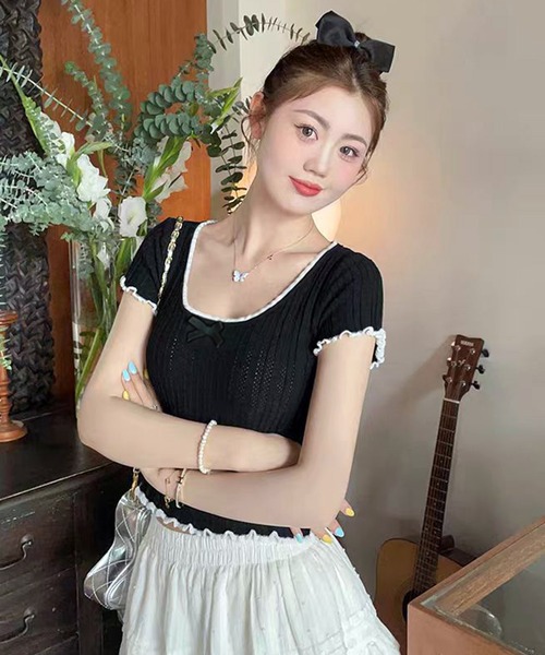 WESTSEA（ウエストシー）の「配色フリル リボン 透かし編 ショート丈 半袖リブニット（Tシャツ/カットソー・レディース・ブラック/ホワイト/ベージュ・FREE）」の19枚目の写真