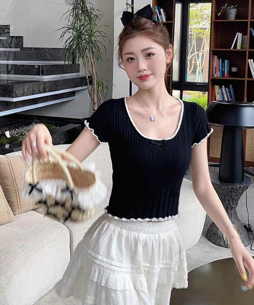 WESTSEA（ウエストシー）の「配色フリル リボン 透かし編 ショート丈 半袖リブニット（Tシャツ/カットソー・レディース・ブラック/ホワイト/ベージュ・FREE）」の18枚目の写真