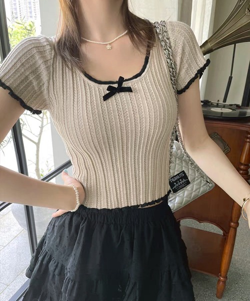 WESTSEA（ウエストシー）の「配色フリル リボン 透かし編 ショート丈 半袖リブニット（Tシャツ/カットソー・レディース・ブラック/ホワイト/ベージュ・FREE）」の17枚目の写真
