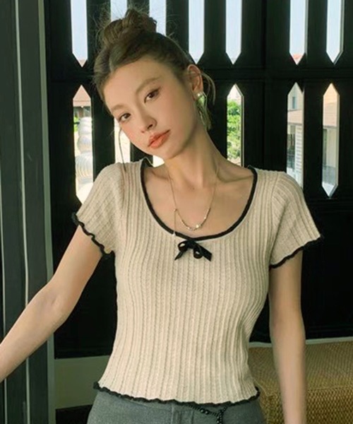 WESTSEA（ウエストシー）の「配色フリル リボン 透かし編 ショート丈 半袖リブニット（Tシャツ/カットソー・レディース・ブラック/ホワイト/ベージュ・FREE）」の14枚目の写真