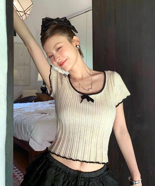 WESTSEA（ウエストシー）の「配色フリル リボン 透かし編 ショート丈 半袖リブニット（Tシャツ/カットソー・レディース・ブラック/ホワイト/ベージュ・FREE）」の13枚目の写真