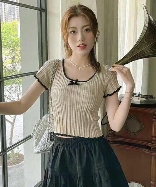 WESTSEA（ウエストシー）の「配色フリル リボン 透かし編 ショート丈 半袖リブニット（Tシャツ/カットソー・レディース・ブラック/ホワイト/ベージュ・FREE）」の16枚目の写真