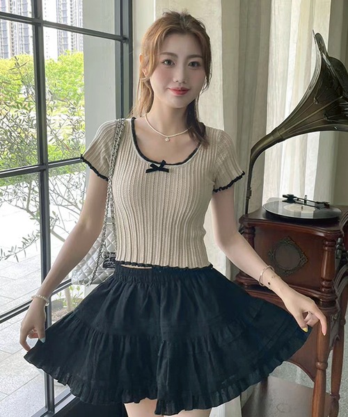 WESTSEA（ウエストシー）の「配色フリル リボン 透かし編 ショート丈 半袖リブニット（Tシャツ/カットソー・レディース・ブラック/ホワイト/ベージュ・FREE）」の15枚目の写真