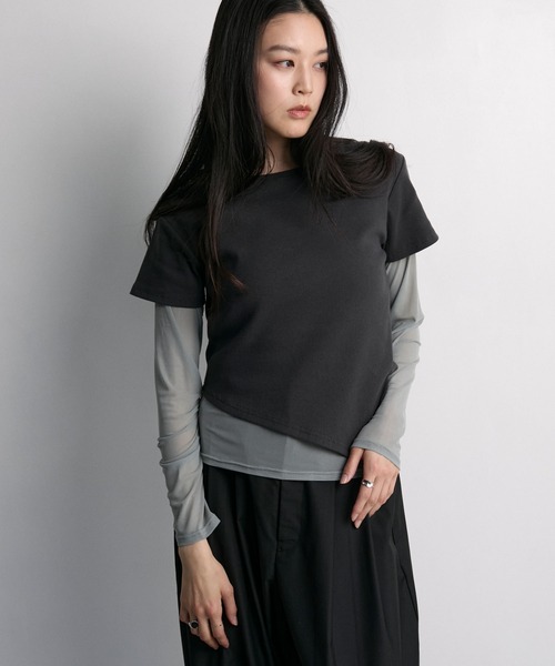 Layered sheer long tops × asymmetry short sleeve tops 2