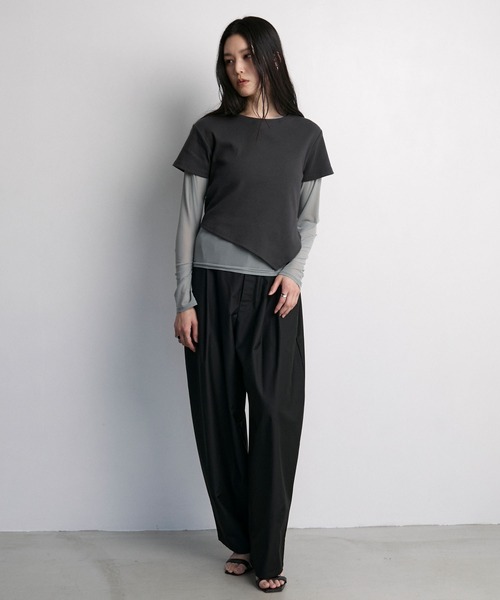Layered sheer long tops × asymmetry short sleeve tops 2