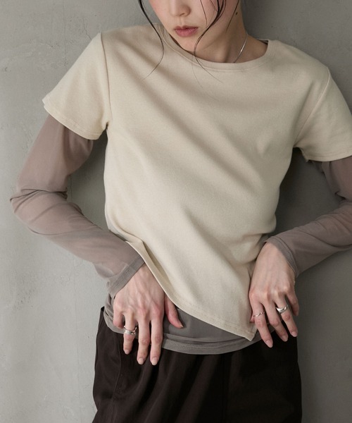 Layered sheer long tops × asymmetry short sleeve tops 2