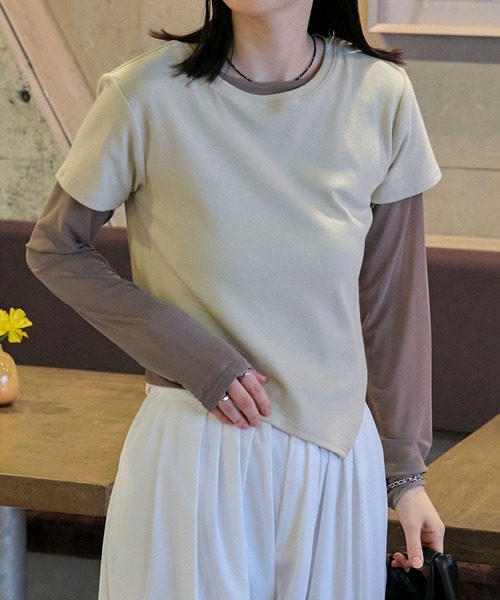 Layered sheer long tops × asymmetry short sleeve tops 2