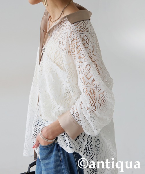 antiqua(アンティカ)の「ブロックレースシャツ(シャツ/ブラウス・レディース・ホワイト/ブラック・ONESIZE)」の1枚目の写真