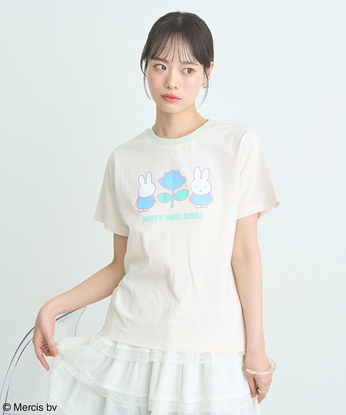 earth music&ecology(アースミュージックアンドエコロジー)の「miffy/earth Rose ringer Tee(Tシャツ/カットソー・レディース・クリーム/ネイビー・FREE)」の1枚目の写真