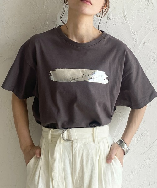 STONE ☆ヴィンテージロゴ コットン ラウンド 半袖Tシャツ セール】オーバーサイズヴィンテージロゴ半袖メタリック箔
