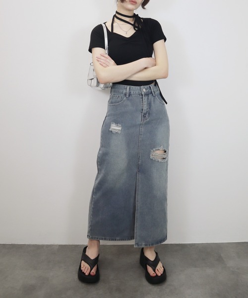 Reurie'(レウリィ)の「ダメージデニムスカート/damage denim skirt スカート デニム ブルー カジュアル ロング丈(スカート・レディース・ブルー・SMALL/MEDIUM)」の11枚目の写真